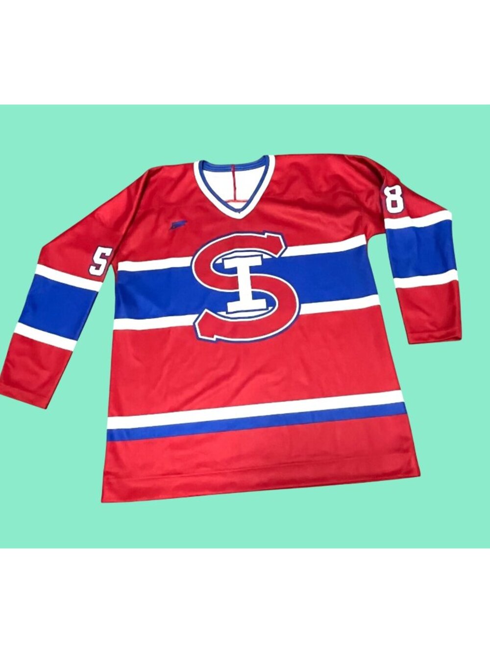 Dynamic Team Sports Red & Blue Hockey Jersey Sz L Canadian Made 100% Polyester - Picture 1 of 5